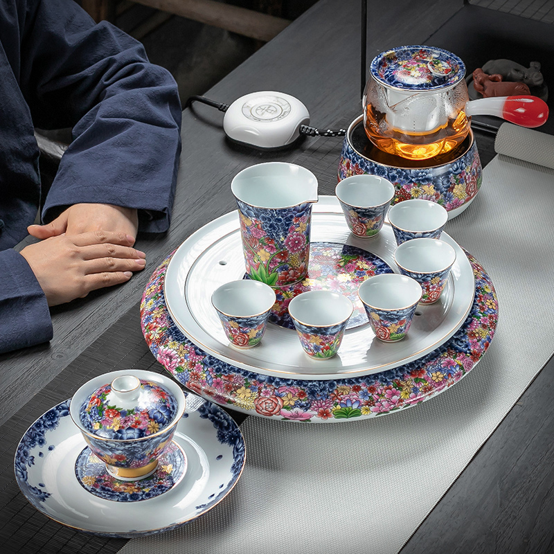 True sheng creative colored enamel tea set household whole kunfu tea boiled tea ware ceramic gift set temperature pot cup