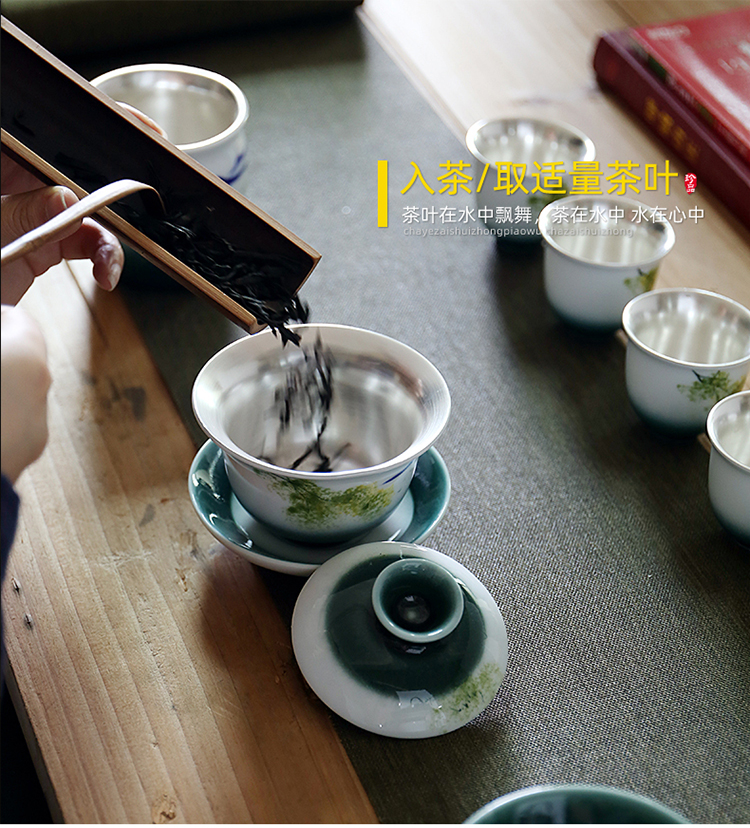 Really sheng white porcelain hand - made tea set household sand coppering. As silver cup lid to use kung fu tea tea tray