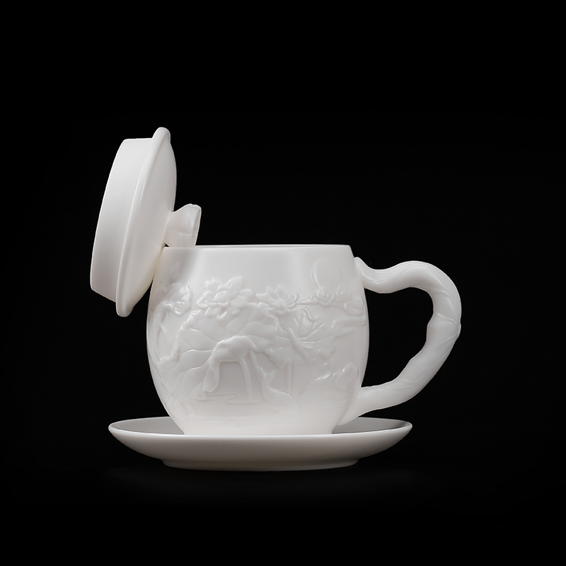 True sheng jade suet white porcelain relief office of the high - end boss cup cup personal ceramic tea cup cup gift mugs