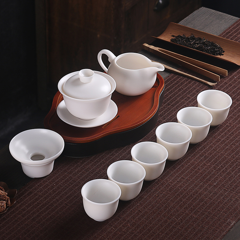 True cheng dehua suet white jade kung fu tea tureen teapot contracted ceramic cups kung fu gift set