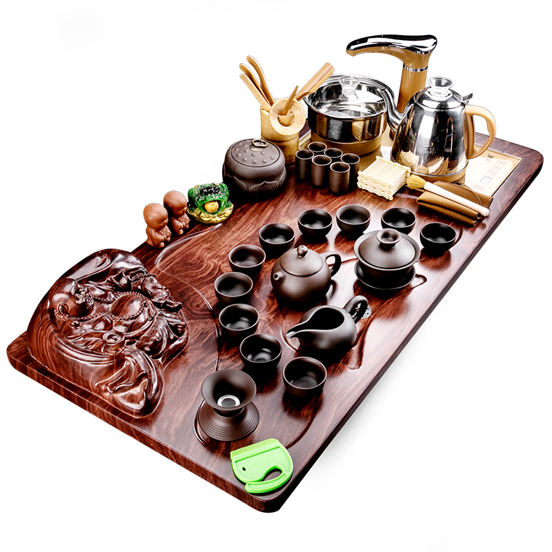 Really sheng kung fu tea with a suit of household ceramic teapot cup of a complete set of automatic solid wood tea tray of tea table
