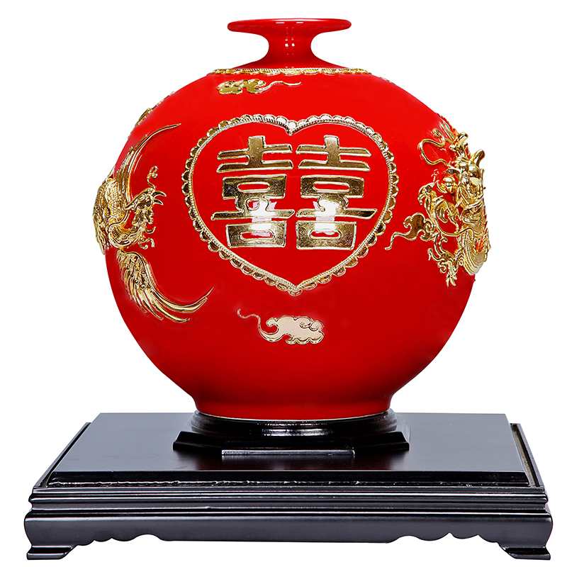 Really sheng Chinese red paint line carve wedding gift ceramics furnishing articles in extremely good fortune happy character manual craft gift belt