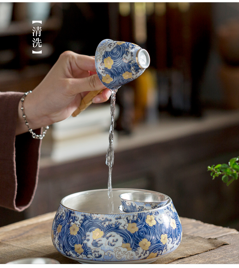 Really sheng household modern blue and white porcelain tea set suits for Chinese jingdezhen ceramics coppering. As silver teapot teacup gifts gift