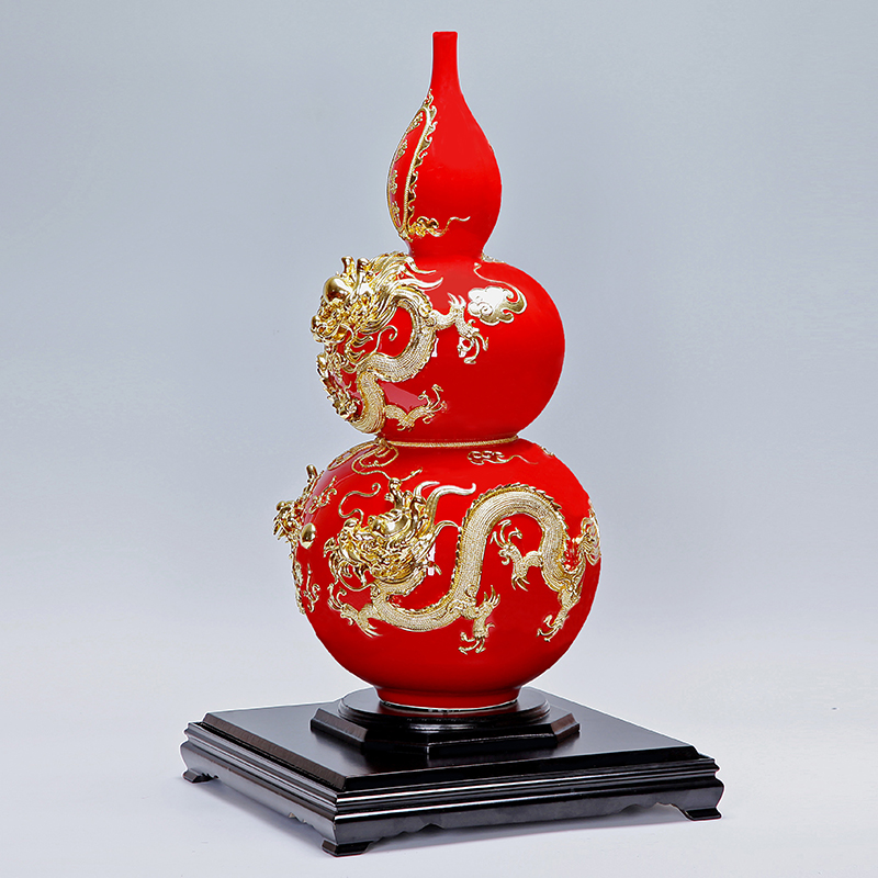 Really sheng Chinese red porcelain paint line carve gourd bottle opening step gift villa furnishing articles version into the sitting room