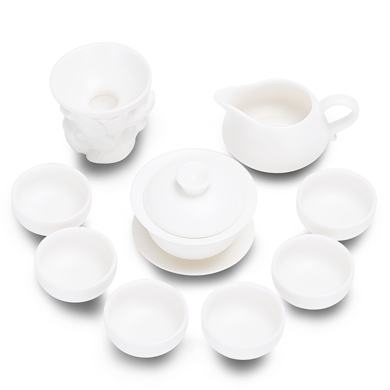 True cheng dehua lard white porcelain tureen tea set ceramic bowl suit household kung fu tea bowl three cups