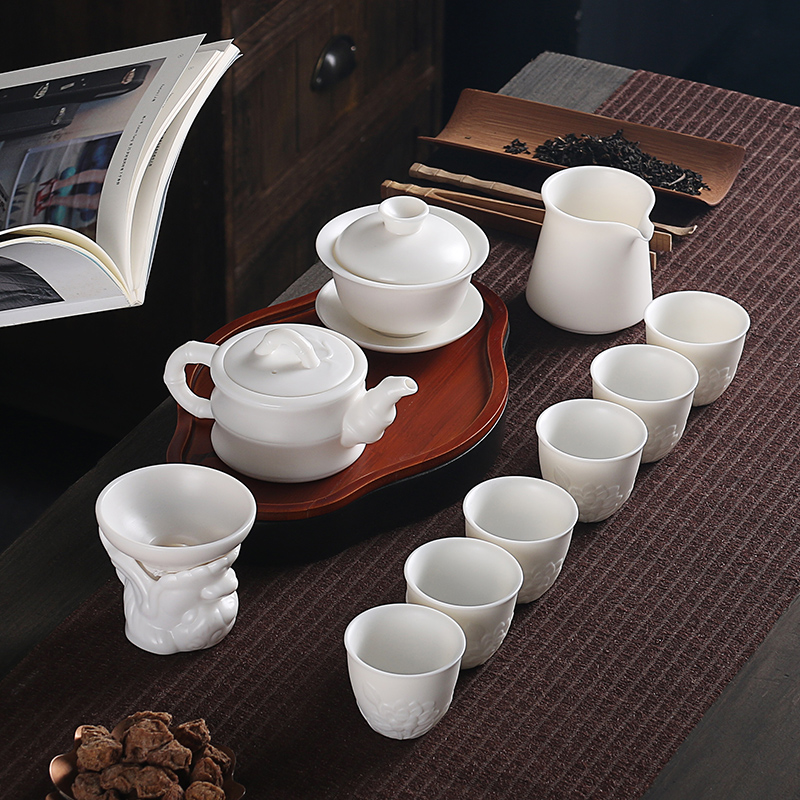 Really high sheng dehua white porcelain biscuit firing from lard white kung fu tea set contracted a whole set of gift set of tea cups