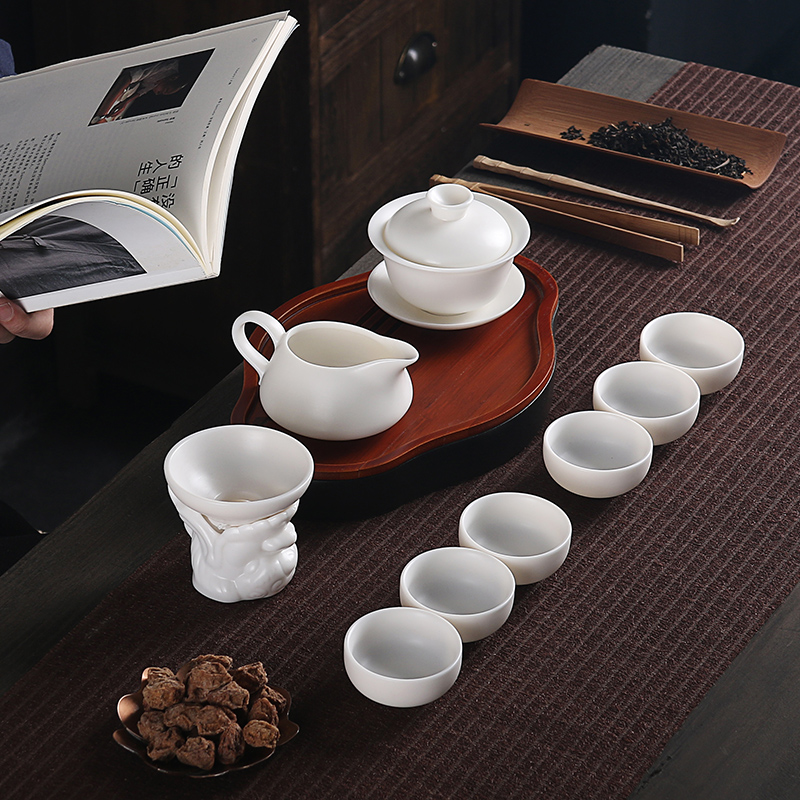 True cheng dehua lard white porcelain tureen tea set ceramic bowl suit household kung fu tea bowl three cups