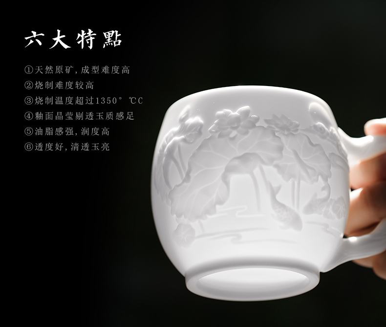 True sheng jade suet white porcelain relief office of the high - end boss cup cup personal ceramic tea cup cup gift mugs