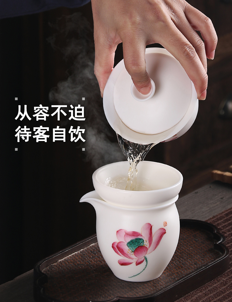 True cheng dehua white light suet jade hand gift kung fu tea white porcelain tea set a complete set of the teapot tea cup