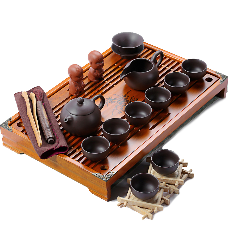 Really sheng purple sand tea set household kung fu teapot solid wood tea tray of a complete set of tea tea tea accessories