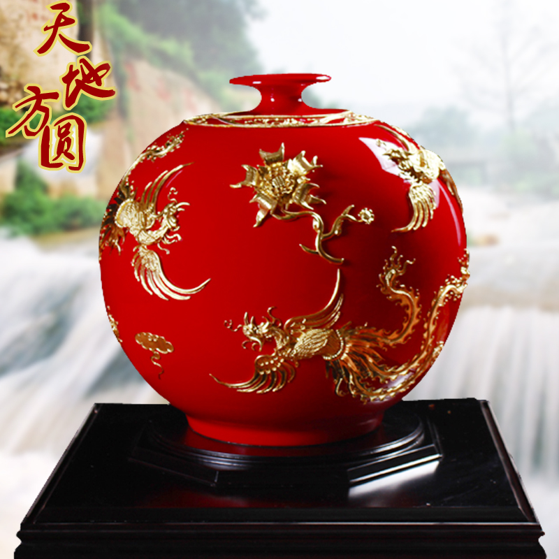 Really sheng Chinese red porcelain paint line carve I five phoenix household stores the opened high - end craft gift