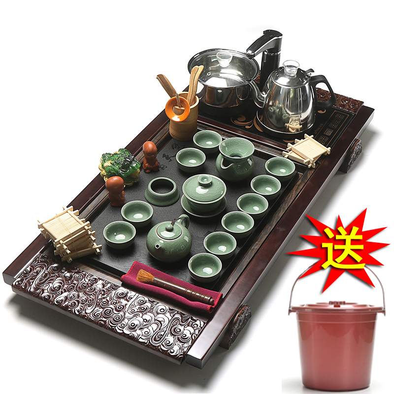 True sheng tea tray tea set ceramic household kung fu cup of a complete set of automatic induction cooker U.S. - Chinese relations solid wood tea