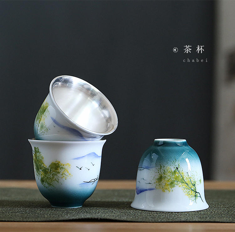 Really sheng white porcelain hand - made tea set household sand coppering. As silver cup lid to use kung fu tea tea tray