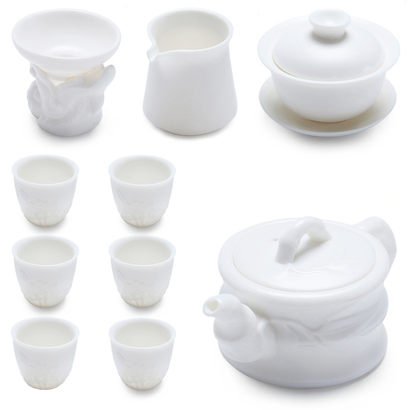 Really high sheng dehua white porcelain biscuit firing from lard white kung fu tea set contracted a whole set of gift set of tea cups