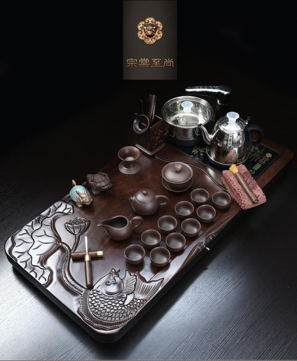 True sheng ebony wood tea tray tea set kung fu tea cups home a complete set of automatic teapot tea taking