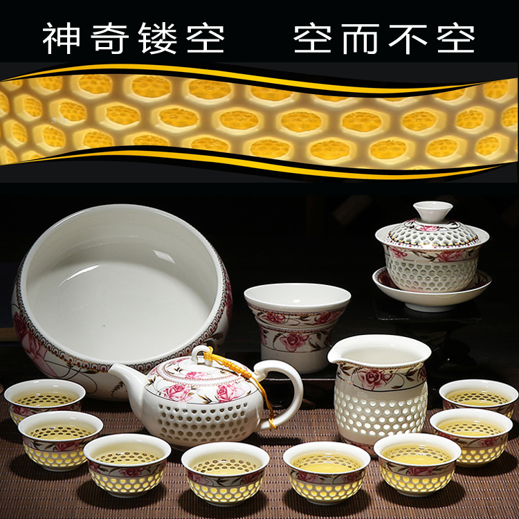 True sheng and exquisite tea sets suit kung fu tea set purple sand cup white porcelain of a complete set of blue and white porcelain cups tureen