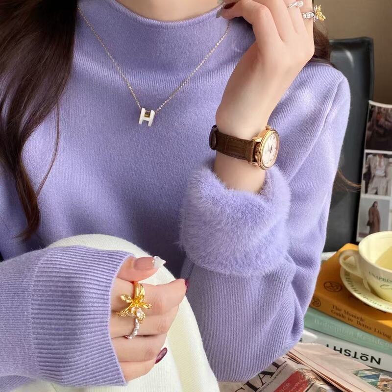 High-Neck Purple Fleece-Lined Thick Sweater for Women, 2025 Autumn and Winter New Style, Half-High Collar Knitted Warm Top