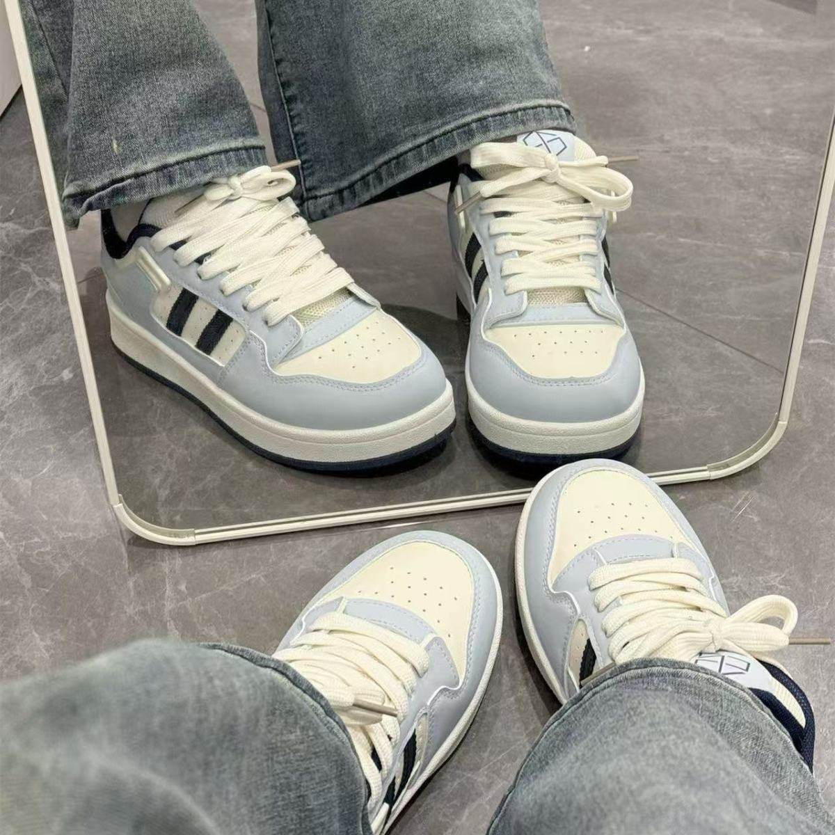 New Blue and White Thick-Soled Two-Stripe Skateboard Shoes for Women, Chic Trendy Versatile Skateboard Shoes, Casual Sports Mixed Shoes