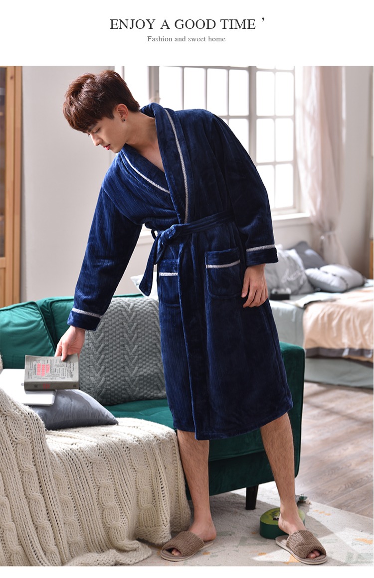 Nam Cực mùa thu và mùa đông dày san hô lông cừu đoạn dài áo choàng nam đồ ngủ rắn màu flannel áo choàng tắm dịch vụ nhà shop đồ ngủ