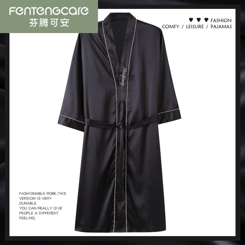 Fenteng Ke'An Black Men's Pajamas, Spring and Summer Ice Silk Thin Silk Robe, Three-Quarter Sleeve Long Bathrobe, Loungewear Fenteng Ke'An Black Men's Pajamas, Spring and Summer Ice Silk Thin Silk Robe, Three-Quarter Sleeve Long Bathrobe, Loungewear