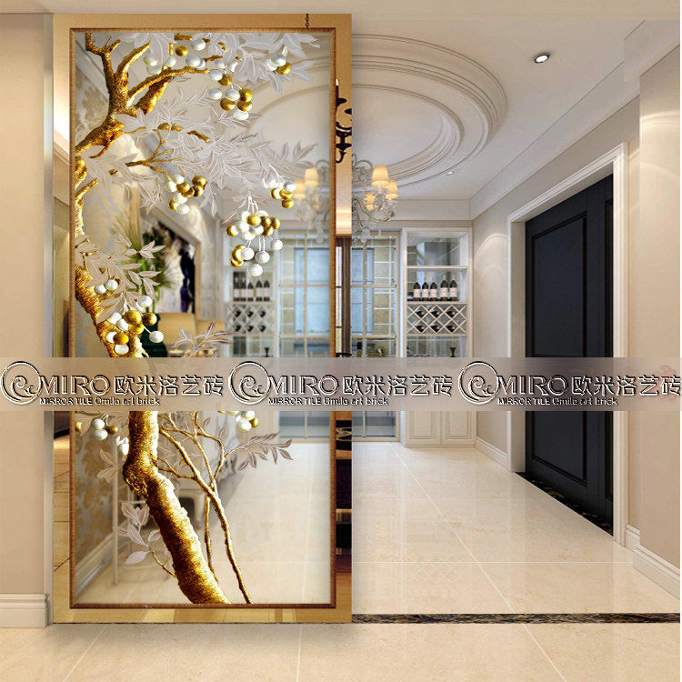 European art glass screen partition Living room entrance shoe cabinet background wall aisle translucent three-dimensional carved gold and silver tree