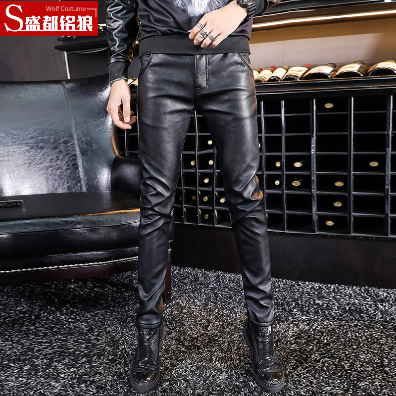 Autumn and winter leather pants men's slim and velvet padded puleather boots pants Korean motorcycle windproof tight pants