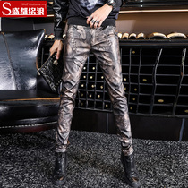 Mens leather pants autumn and winter Korean version of slim foot camouflage plus velvet padded motorcycle PU leather pants mens tide leather boots