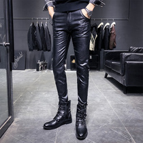 Plus velvet padded leather pants mens slim long pants mens motorcycle windproof waterproof tight-fitting pants tide