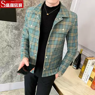 Hairy jacket men Korean version of the trend autumn and winter slim plaid jacket youth casual short thick woolen coat