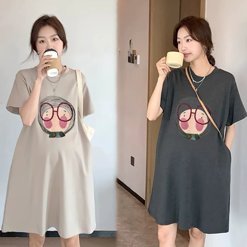 Длинное хлопковое платье-т shirt для беременных, с коротким рукавом, корейский стиль, средней длины