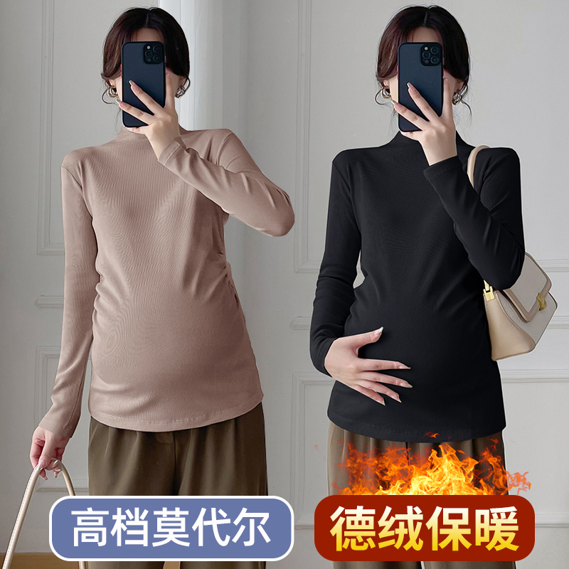 Autumn and winter gestation Dress Duvet Plus Suede Thickened warm beating undershirt semi-high collar internal lap elastic blouses for increased code easing-Taobao