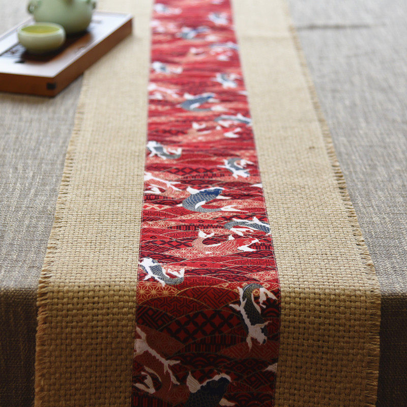 Red Koi Rough Table Flag New Year Festival Tea Seat Customized Tea Session Linen Chinese