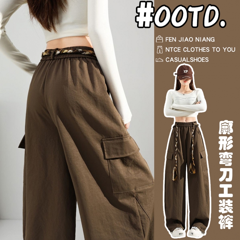 Braided Belt Cargo Pants for Women, Spring and Autumn 2026 New Style, Loose Drape, Scimitar Wide-Leg Pants, Straight-Leg Casual Sports Pants