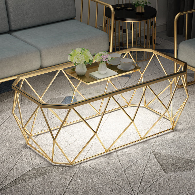 Tea table tempered glass Nordic style modern minimalist iron art creative simple living room rectangular small family type tea table