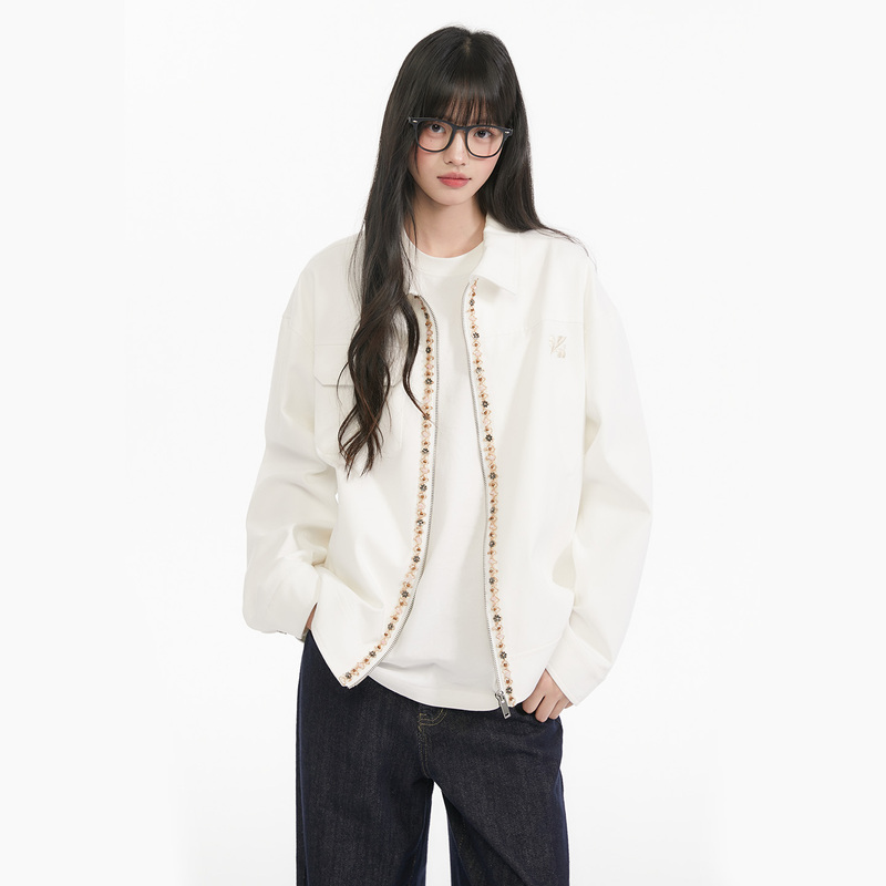 King Prince Chinese-Style Chanel-Inspired Gemstone Webbing Patchwork Lapel Jacket American-Style Zipper Couple's Jacket Trendy