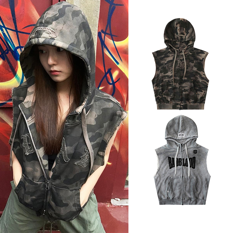 Badblood American Retro Camouflage Tie-Dye Distressed Hooded Vest Street Loose Casual Sexy Sleeveless Jacket