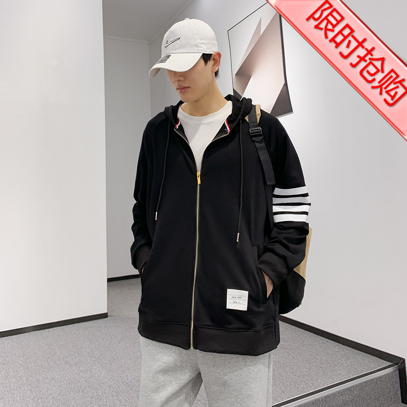 Tb Classic Zip-Up Hooded Sweatshirt Shirt for Men and Women with Four Stripes, Couple Casual Trendy Pure Cotton Jacket Top