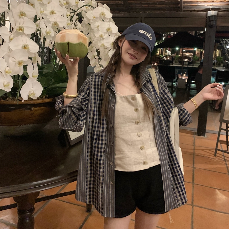 Bluetique Lazy Waffle ~ Relaxed Plaid Striped Patchwork Shirt