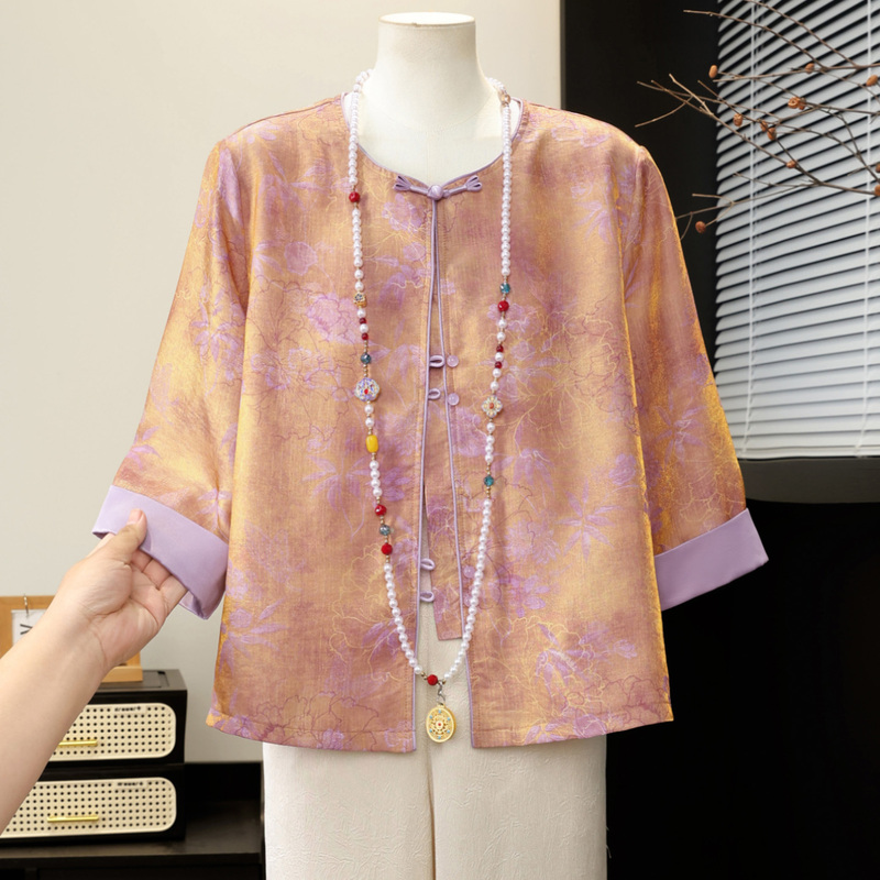 New Chinese-Style Summer Shirt for Mothers 2026 New Model for Middle-Aged and Elderly Women Mother's Day National Style Top Chiffon T-Shirt Set