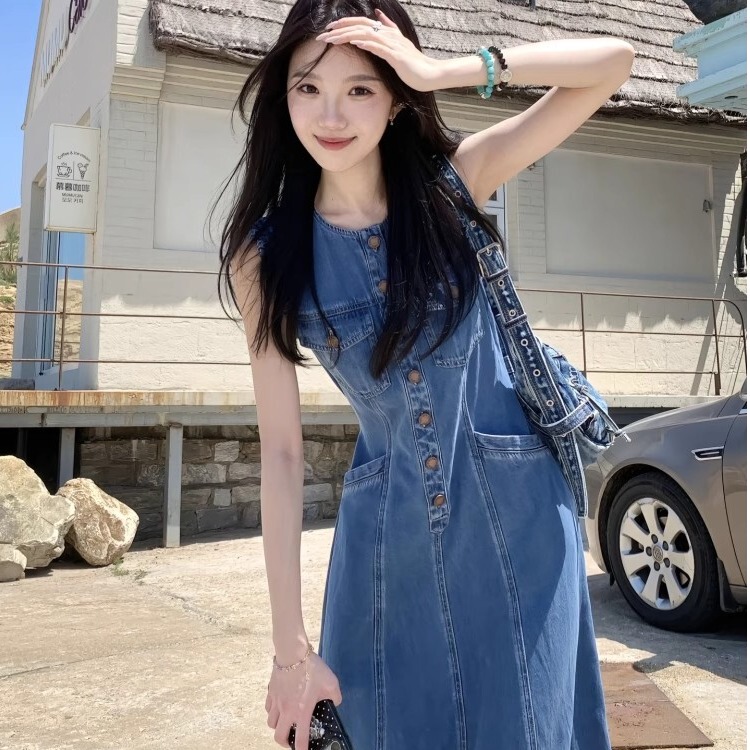Unique 2026 New Retro Blue Sleeveless Vest Dress for Women Summer Round Neck Casual Denim Long Dress
