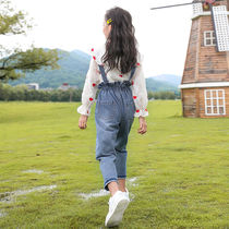 Girls denim straps pants autumn 2020 new foreign atmosphere childrens spring and autumn childrens set girls two sets