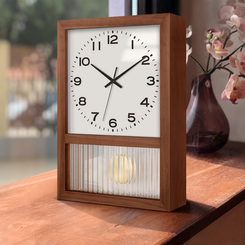 Minimalist clock modern living room day style watch and watch hanging wall home Chinese solid wood square retro seat clock decorated with hanging clock