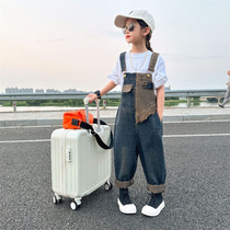 Girls Autumn Clothing Korean Style Half-Spliced Denim Overalls for Medium and Large Children 2024 New Childrens Personalized Fashion Jumpsuits