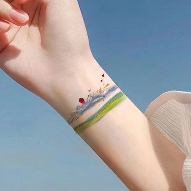 Sunset Mountain Sea Wrist ins Personalized Cute Colorful Girl Tattoo Stickers Long-Lasting Chinese Style Spring Mountain Arm Stickers Sunset Mountain Sea Wrist ins Personalized Cute Colorful Girl Tattoo Stickers Long-Lasting Chinese Style Spring Mountain Arm Stickers