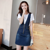 Mùa hè 2019 mới của phụ nữ thắt lưng denim dây váy dài phần thon gọn Một chiếc váy từ của phụ nữ - A-Line Váy váy xoè ngắn
