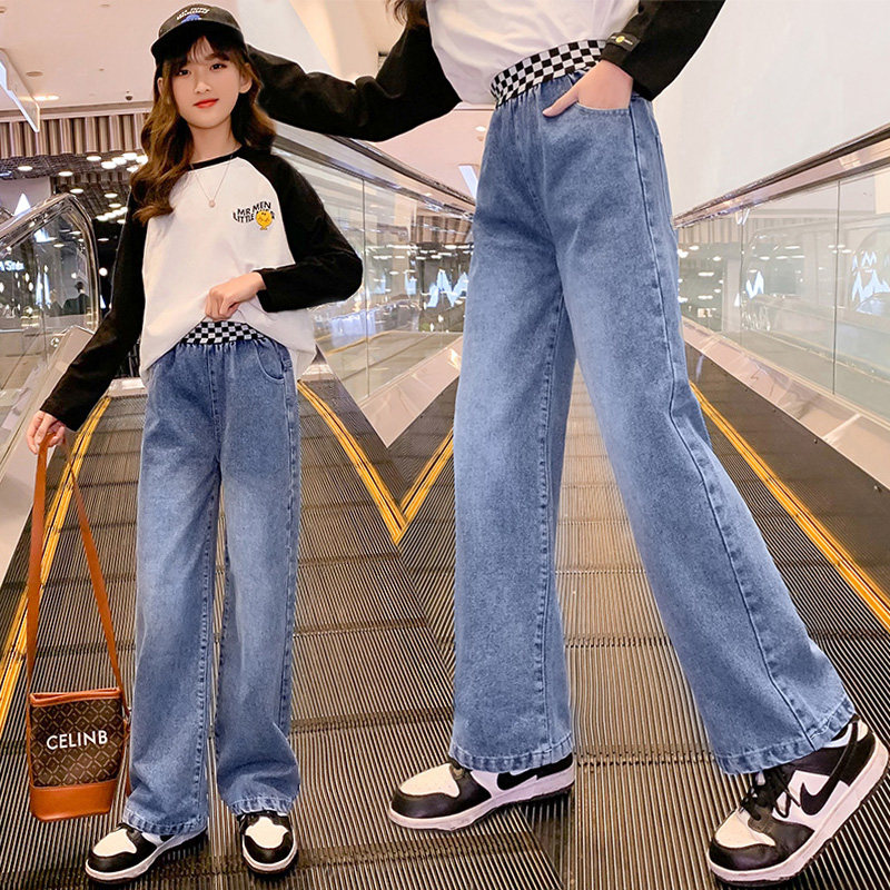 Girl Broadlegged Jeans Spring Autumn Outwear CUHK Boy Girl High Waist Straight Drum Pants Spring Child Tug Pants Tide