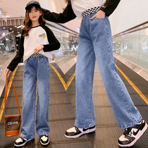 Girl Broadlegged Jeans Spring Autumn Outwear CUHK Boy Girl High Waist Straight Drum Pants Spring Child Tug Pants Tide