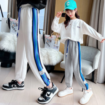 Girl Sports Pants Spring Fall Outside Wearing CUHK Child Loose Grey Sweatpants Spring Children Casual Knit Long Pants