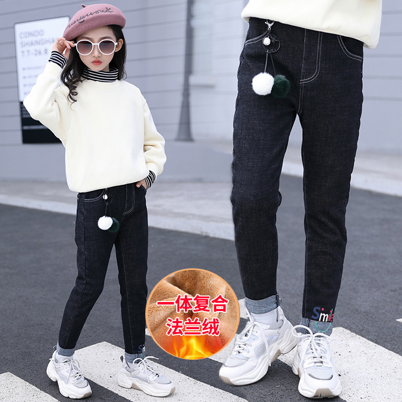 Girl Denim Plus Suede Pants Autumn Winter Style Large Child Loose Integrated Suede Pants Winter Children Casual Warm Pants