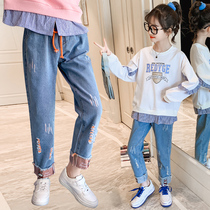 Girls pants autumn trousers in big Children girls loose casual jeans autumn childrens hole small foot pants tide